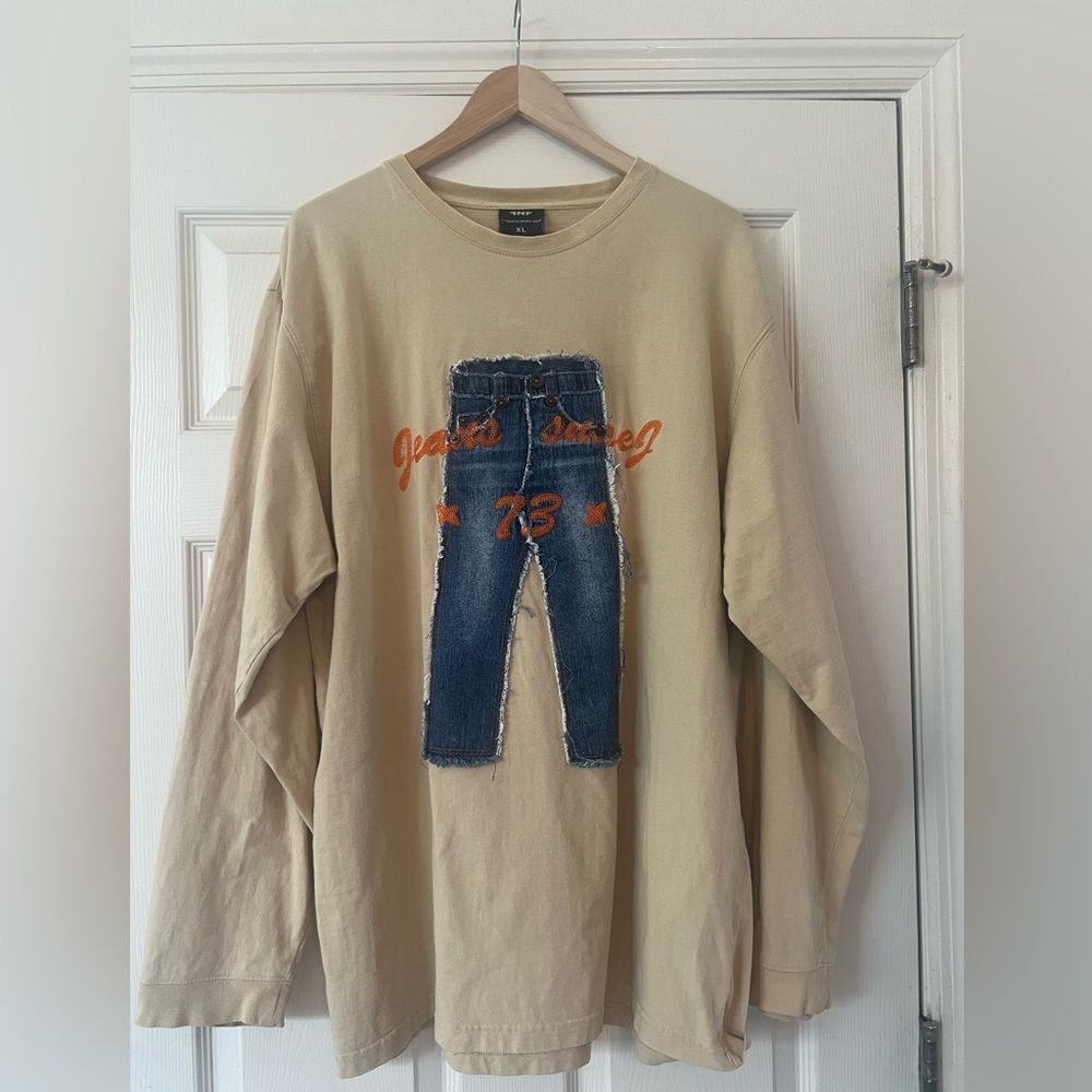 FNF Authentic Sport Wear Beige Long Sleeve Shirt with Denim Graphic, Streetwear